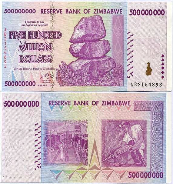 Zimbabwe 500 Million Dollars 2008 P 82 AUnc