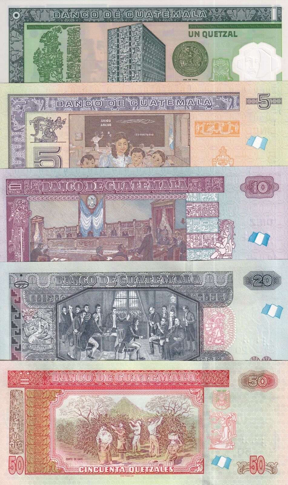 Guatemala Set 5 UNC 1 5 10 20 50 Quetzales 2012 - 2022 P P 115 122 123 124 125