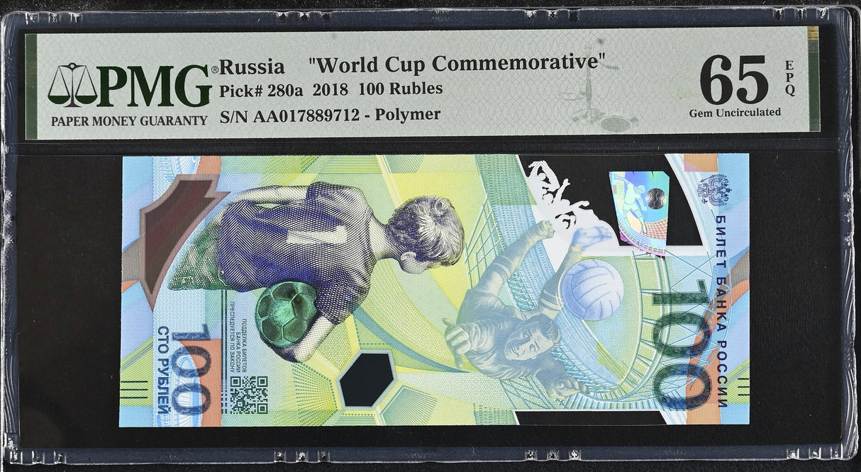 Russia 100 Rubles 2018 Football Comm. Polymer P 280 a GEM UNC PMG 65 EPQ