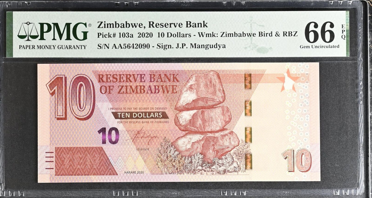 Zimbabwe 10 Dollars 2020 P 103 a AA Prefix Gem PMG 66 EPQ