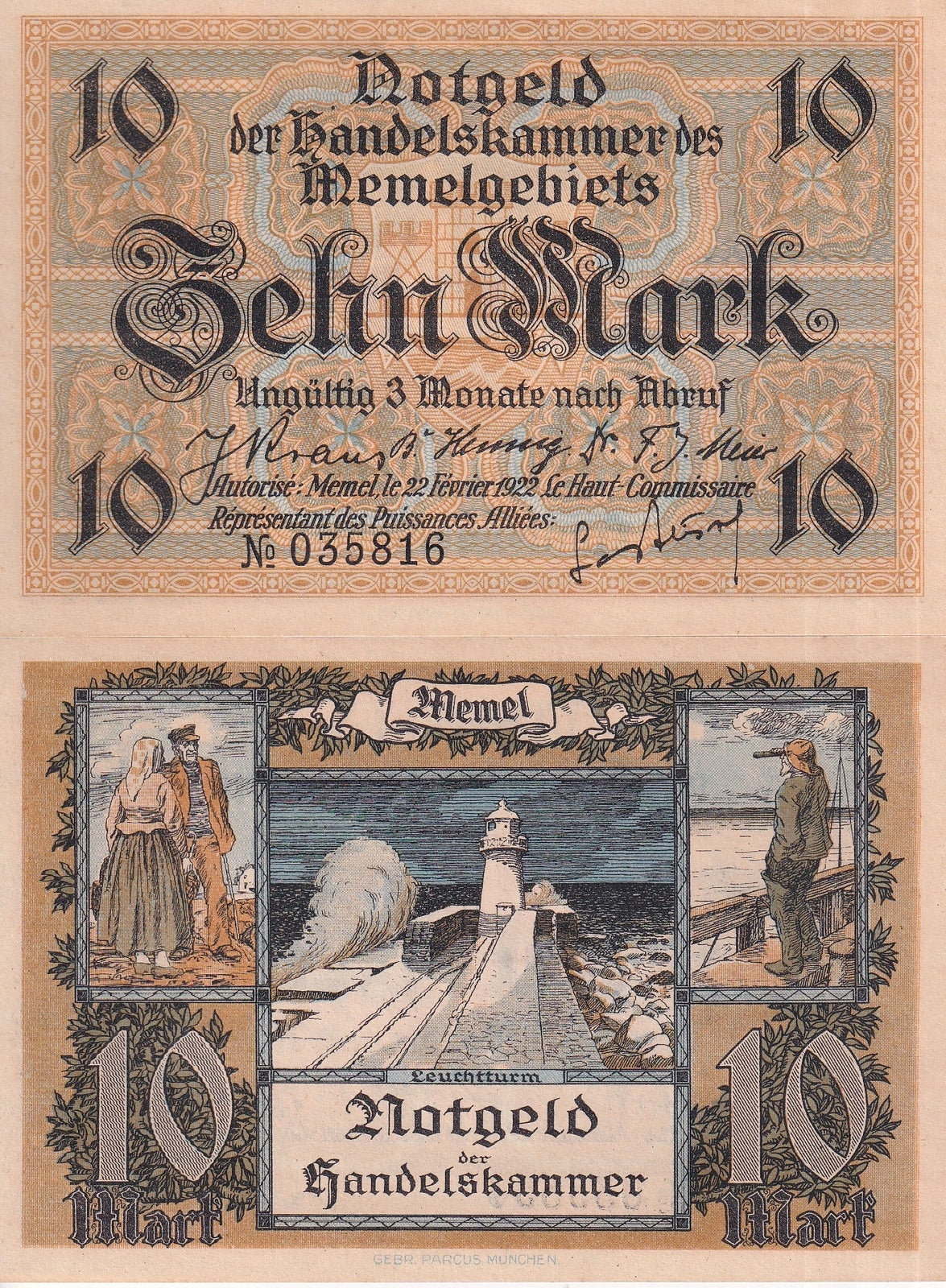 Germany Memel 10 Mark 1922 P 5 a UNC W/LITTLE TONE