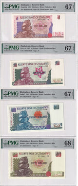 Zimbabwe SET 4 ,5 10 20 50 Dollars 1997 P 5 6 7 8 Superb Gem UNC PMG 67 68 EPQ