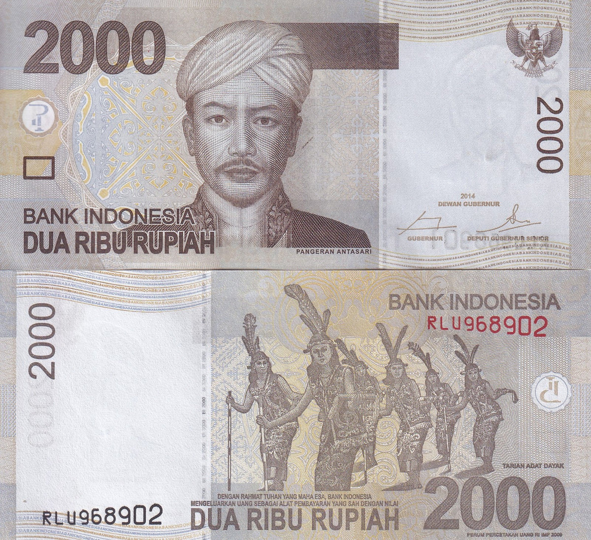 Indonesia 2000 Rupiah Random Year P 148 UNC ,Prince Antasari ,Dayak dancers