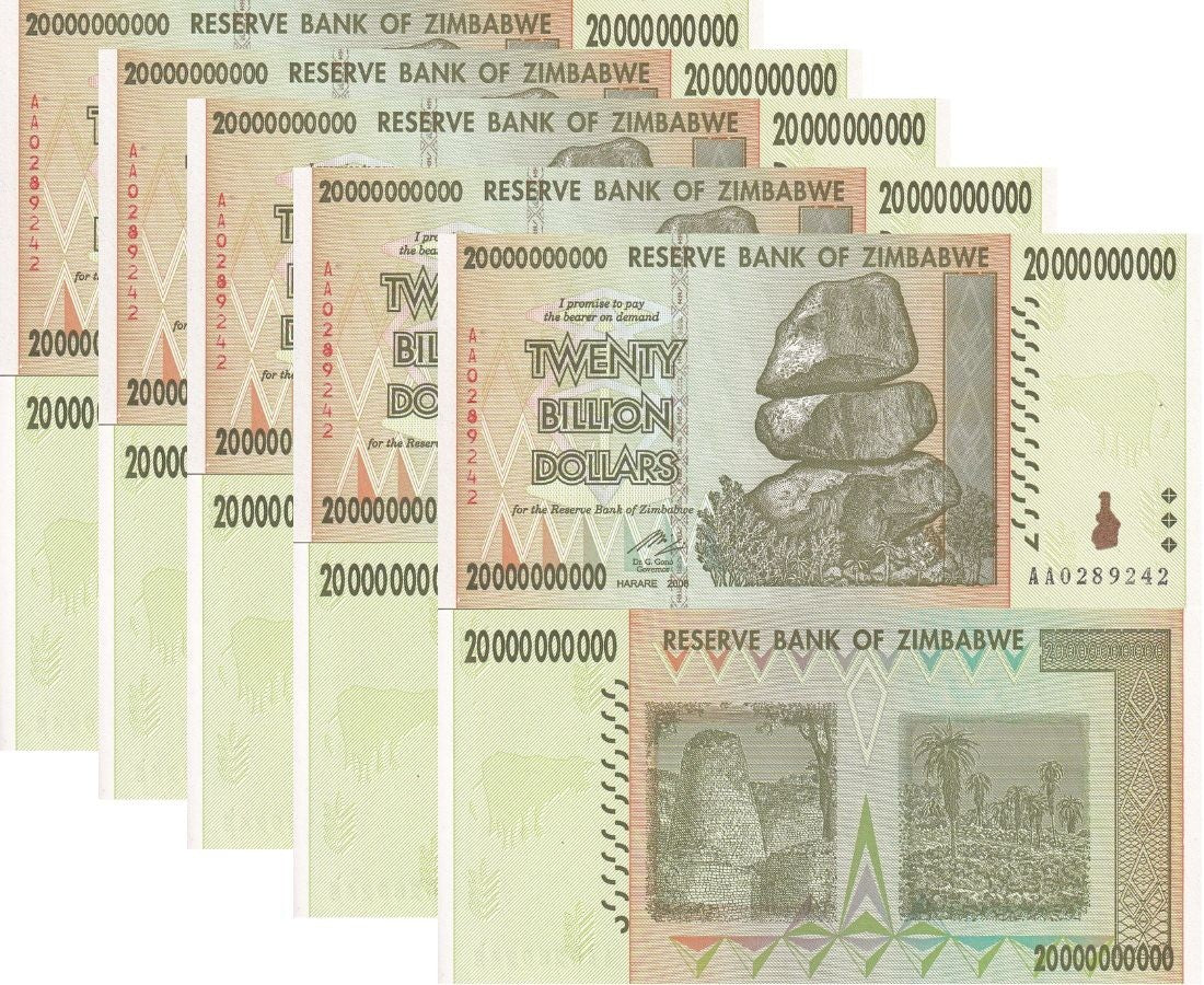 Zimbabwe 20 Billion Dollars 2008 P 86 AA Prefix UNC LOT 5 PCS , Aloe excelsa