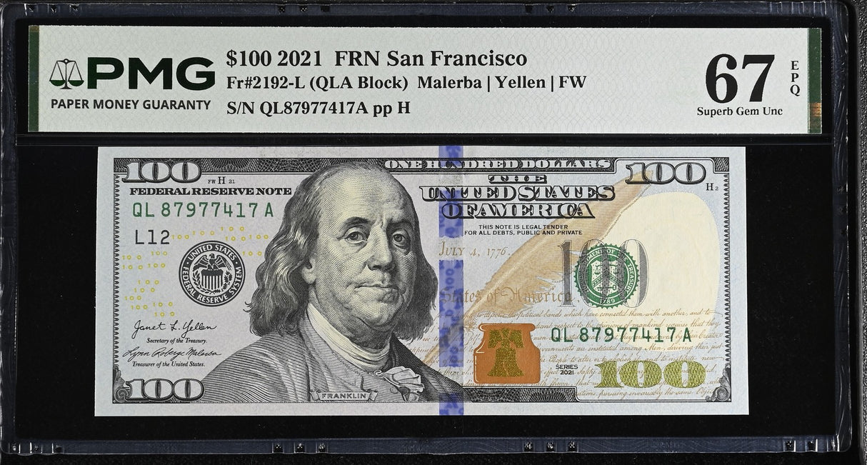 United States 100 Dollars USA 2021 P 555 L San Fran Superb Gem UNC PMG 67 EPQ