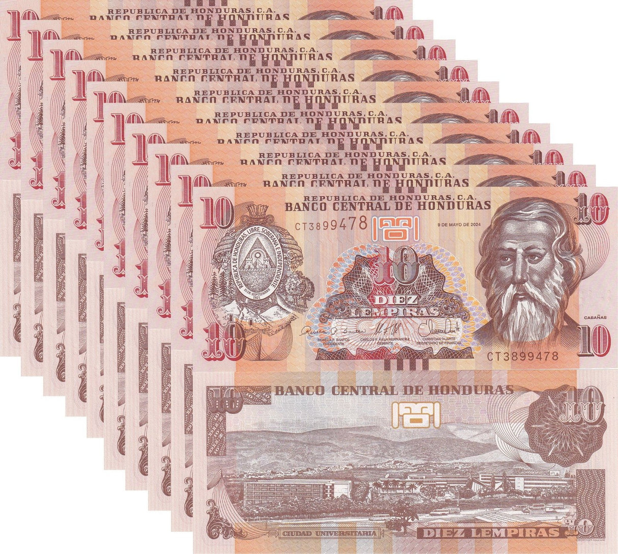 Honduras 10 Lempiras 2024 P 99 Revise Design UNC LOT 10 PCS , Tegucigalpa
