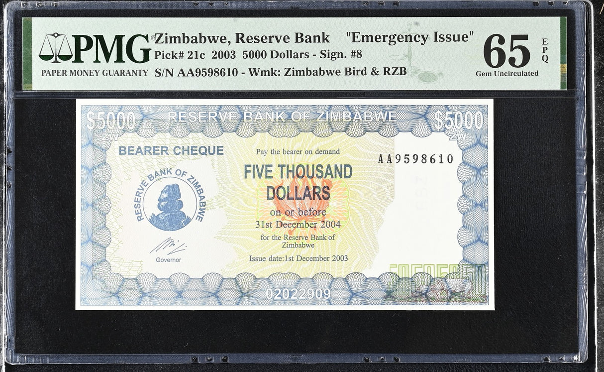 Zimbabwe 5000 Dollars 2003 P 21 c AA Emergency Issue Gem UNC PMG 65 EPQ