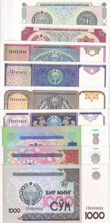 Uzbekistan Set 9 UNC 1 3 5 25 50 100 200 500 1000 Som 1994-2021 P 73 74 - P 82