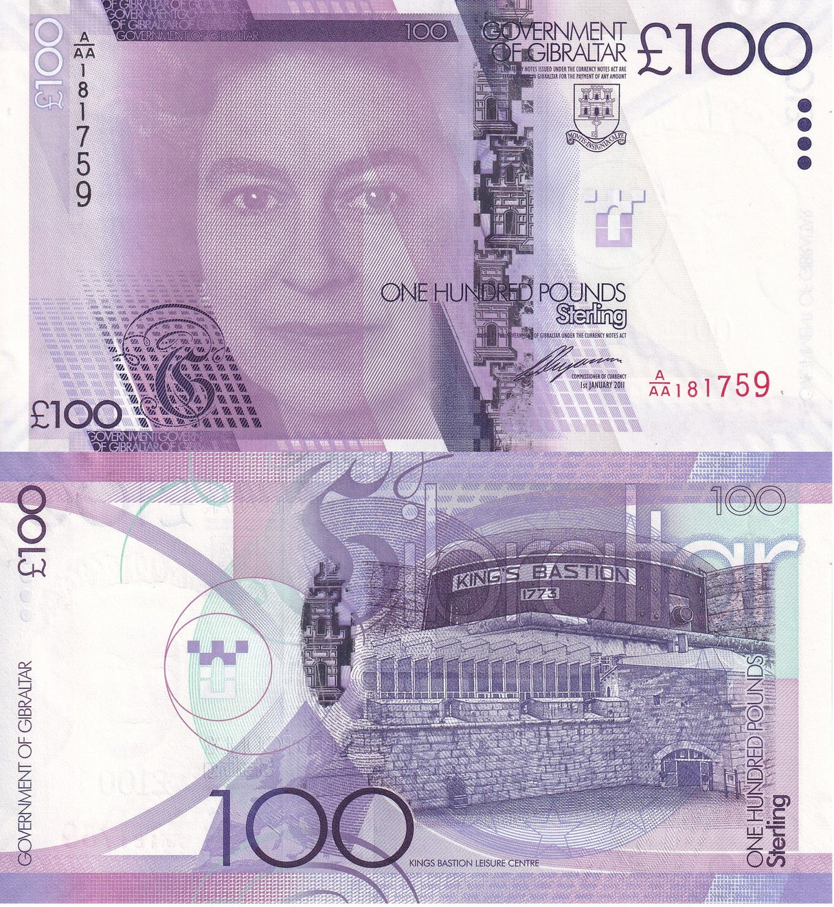 Gibraltar 100 Pounds 2011 P 39 Queen Elizabeth IIUNC King's Bastion
