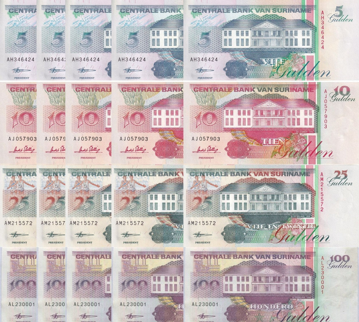Suriname SET 4 X LOT 5 =20 UNC 5 10 25 100 Gulden Random Years P 136 137 138 139