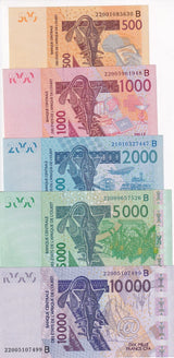 West African States BENIN SET 5 UNC 500 1000 2000 -10000 Francs 2022 P 215-219 B