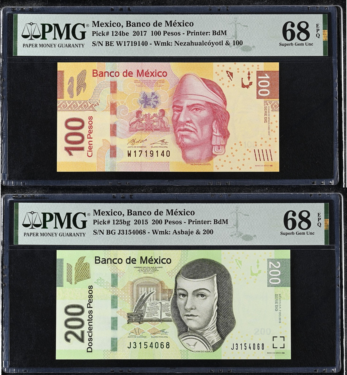 Mexico Set 2; 100 200 Pesos 2015 2017 P 124 P 125 Superb Gem UNC PMG 68 EPQ