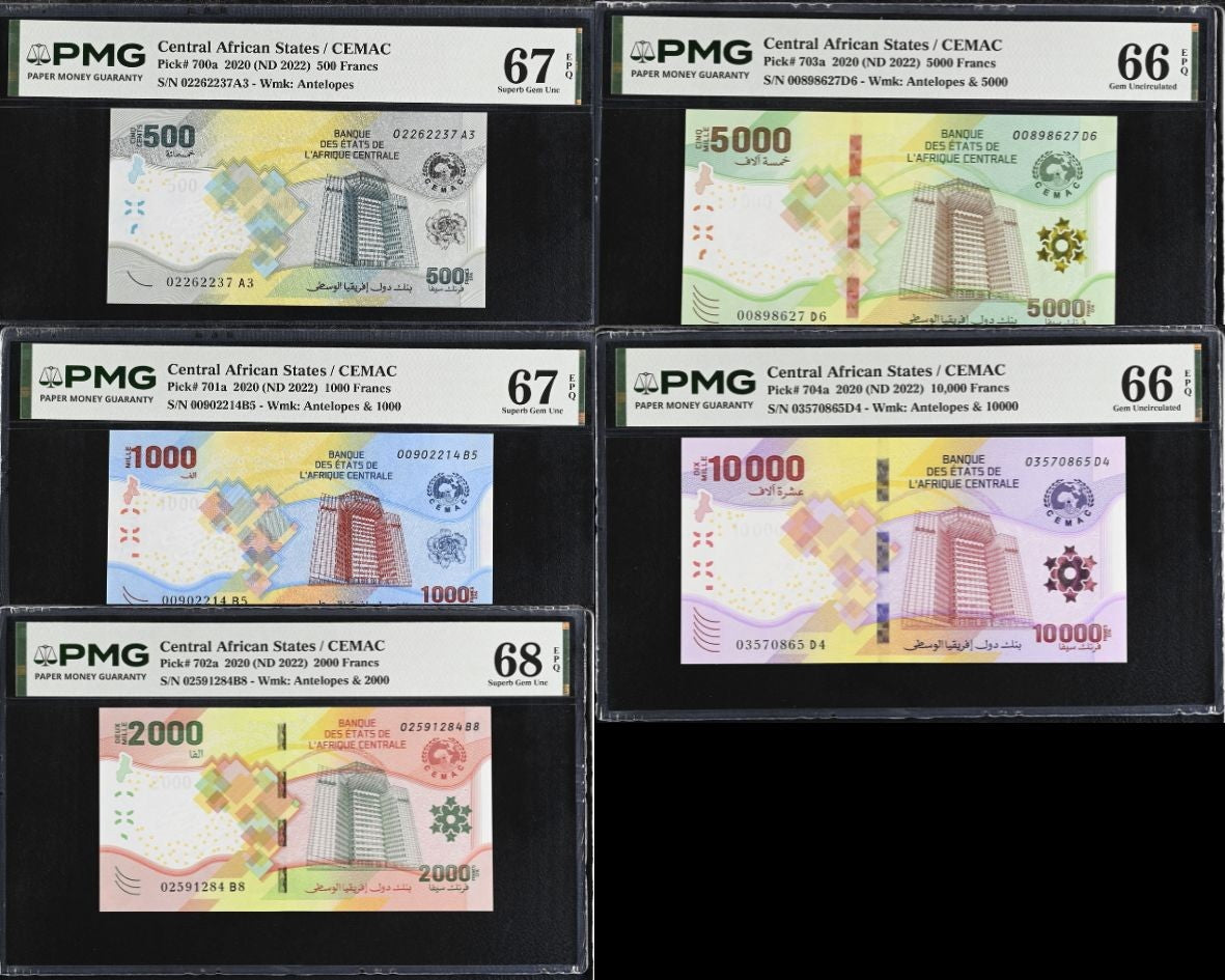 Central African States Set 5; 500-10000 Fr.2022 P 704 Gem UNC PMG 66 67 68 EPQ