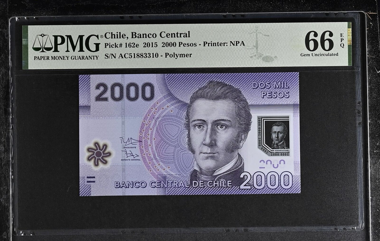 Chile 2000 Pesos 2015 P 162 e Polymer Gem UNC PMG 66 EPQ