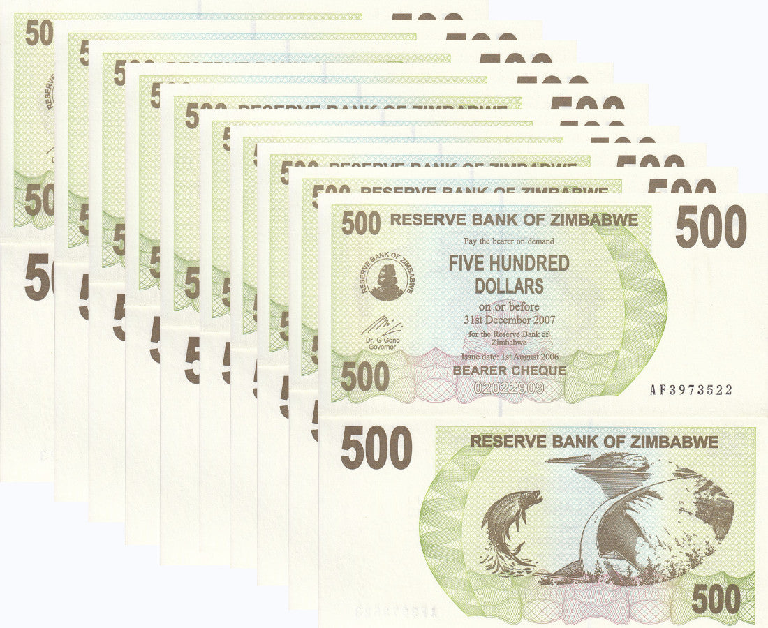 Zimbabwe 500 Dollars Bearer Cheque 2006 P 43 UNC Lot 10 Pcs 1/10 Bundle