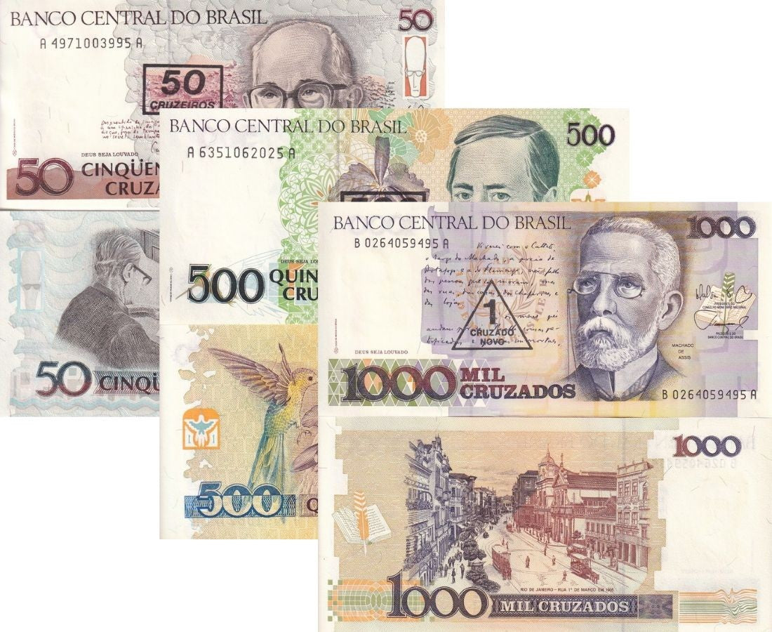 Brazil Set 3 AU 50 500 1000 Cruzeiros Random Year P 216 223 226 AUnc Overprint