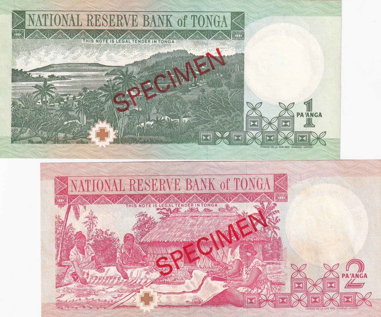 Tonga Set 2 UNC 1 2 Pa'anga ND 1995 P 31 P 32 SPECIMEN ,Landscape ,Tapa cloth