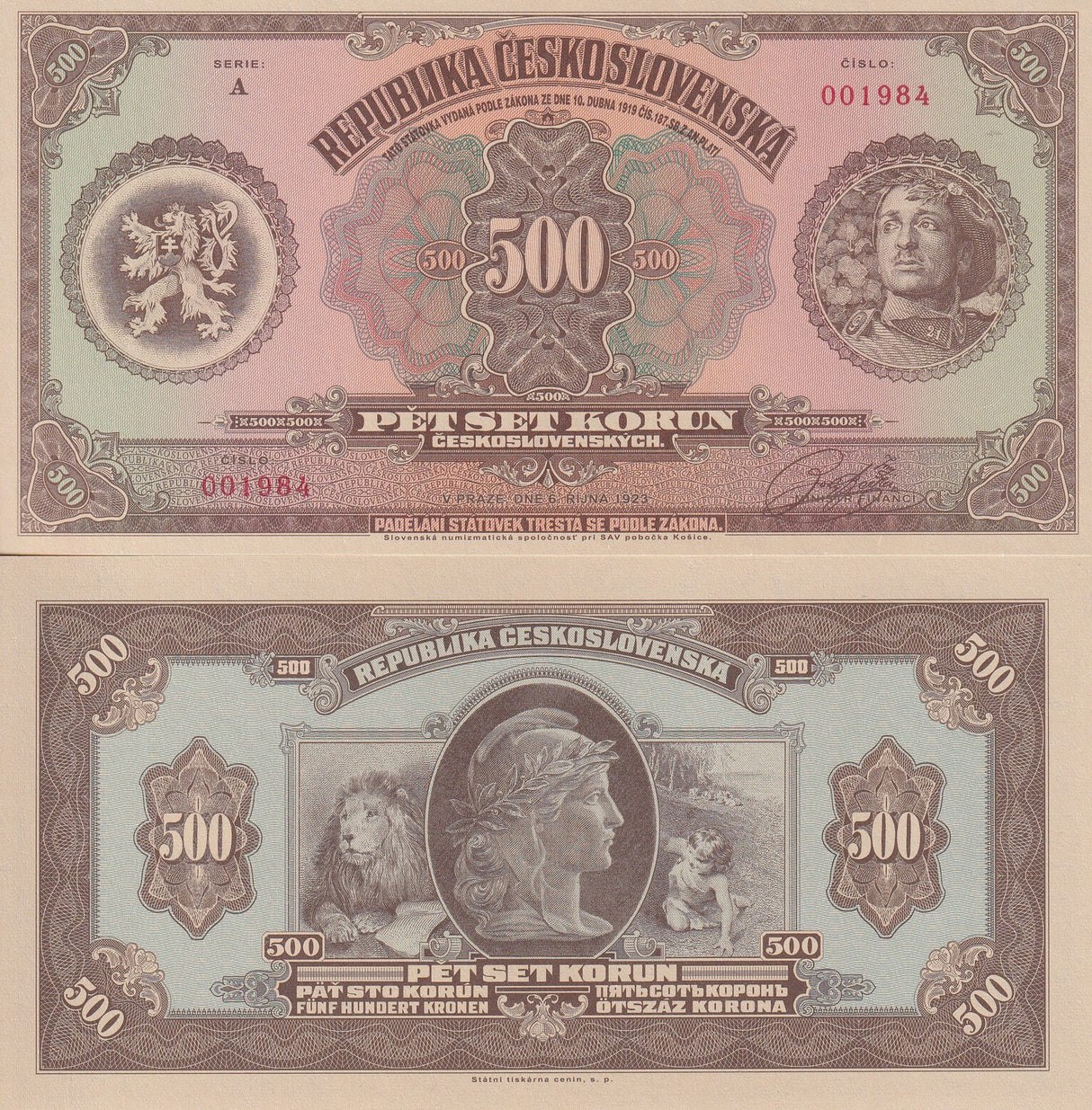 Czechoslovakia 500 Korun 1923/2023 P 18 Official Reprint W/Folder UNC