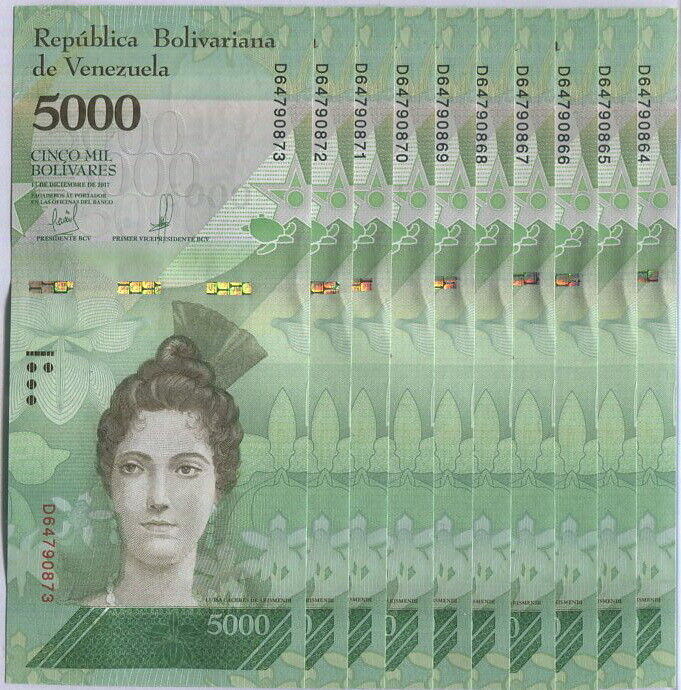 Venezuela 5000 Bolivares 2017 P 97 UNC Lot 10 Pcs 1/10 Bundle