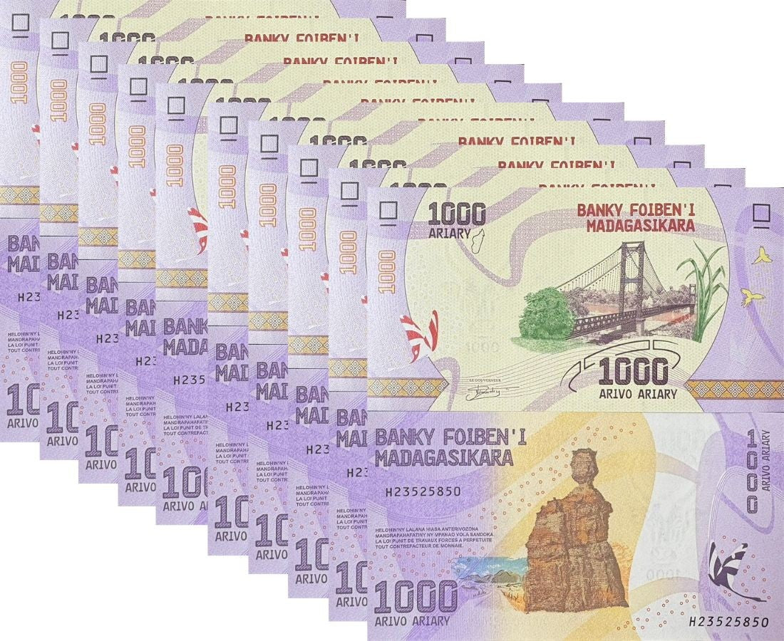 Madagascar 1000 Ariary 2025 P 100 New Sign UNC LOT 10 PCS