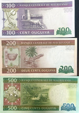 Mauritania Set 3 Pcs 100 200 500 Ouguiya 2013 2015 Hybrid P 16 17 18 UNC