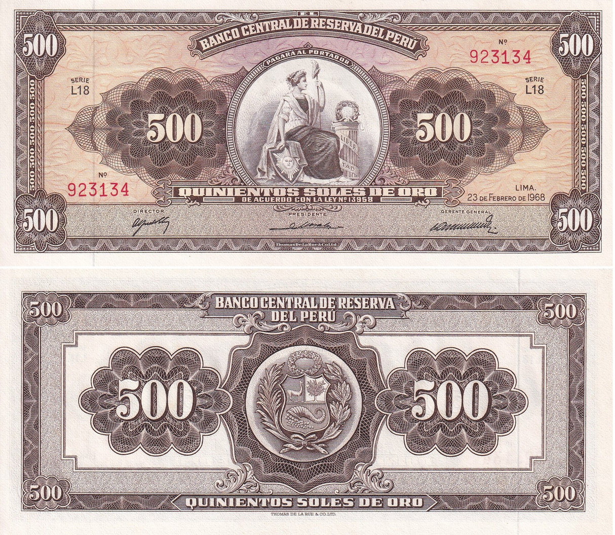 Peru 500 Soles De Oro 1968 P 87 AUnc