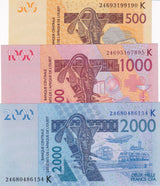 West African States Senegal Set 3 UNC 500 1000 2000 Francs 2024 P 715K 716K 719K