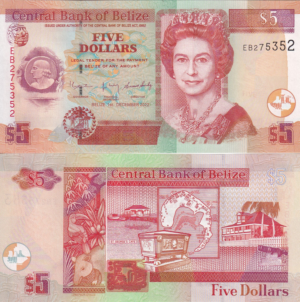 Belize 5 Dollars 2022 P 67 NEW Date & Sign UNC, Elizabeth II, medal of Thomas