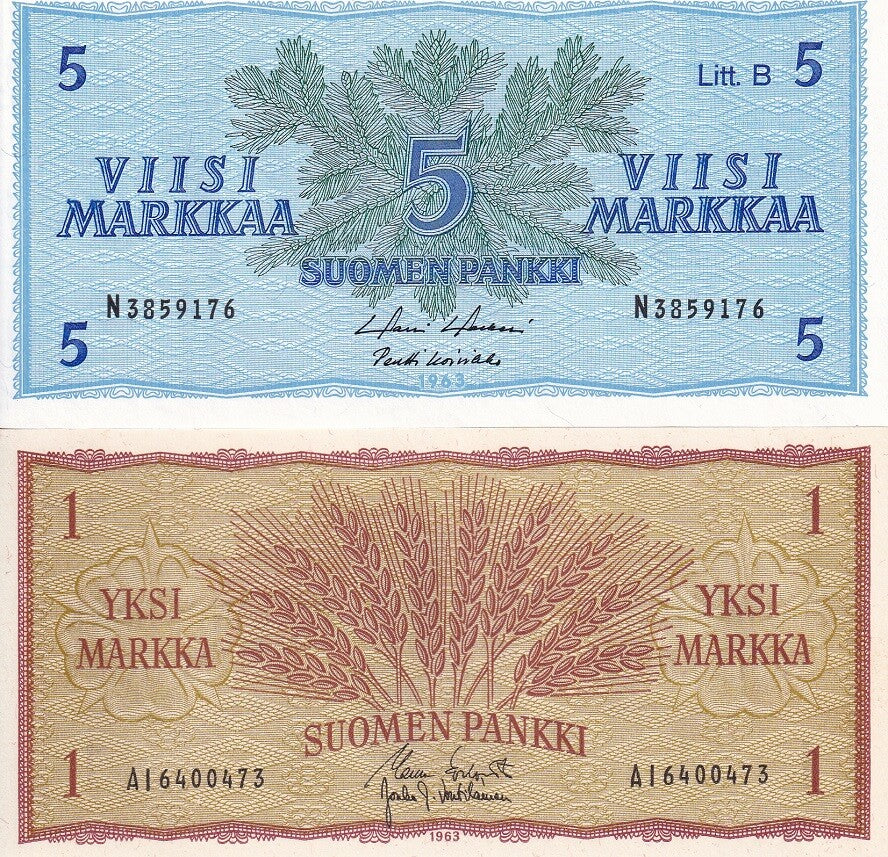 Finland Set 2 PCS 1 5 Markka 1963 P 98 P 106  UNC
