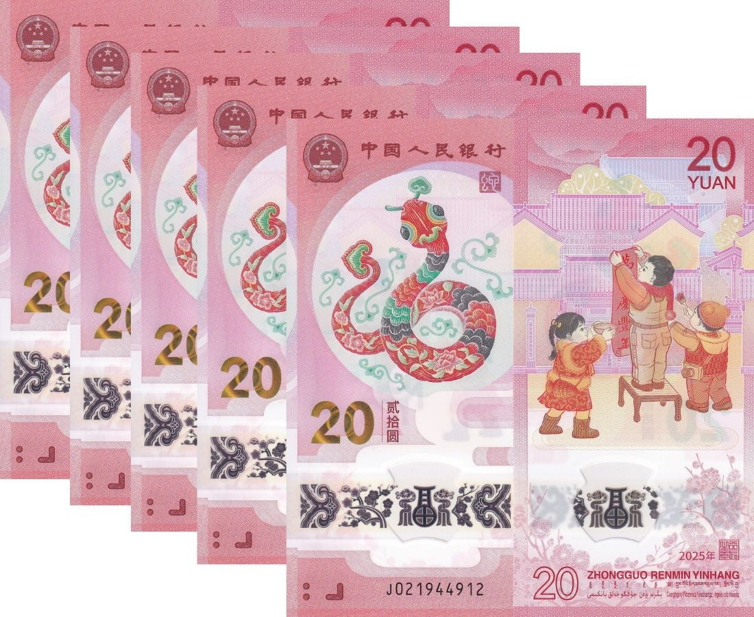 China 20 Yuan 2025 P 921 SNAKE Polymer Commemorative UNC LOT 5 PCS