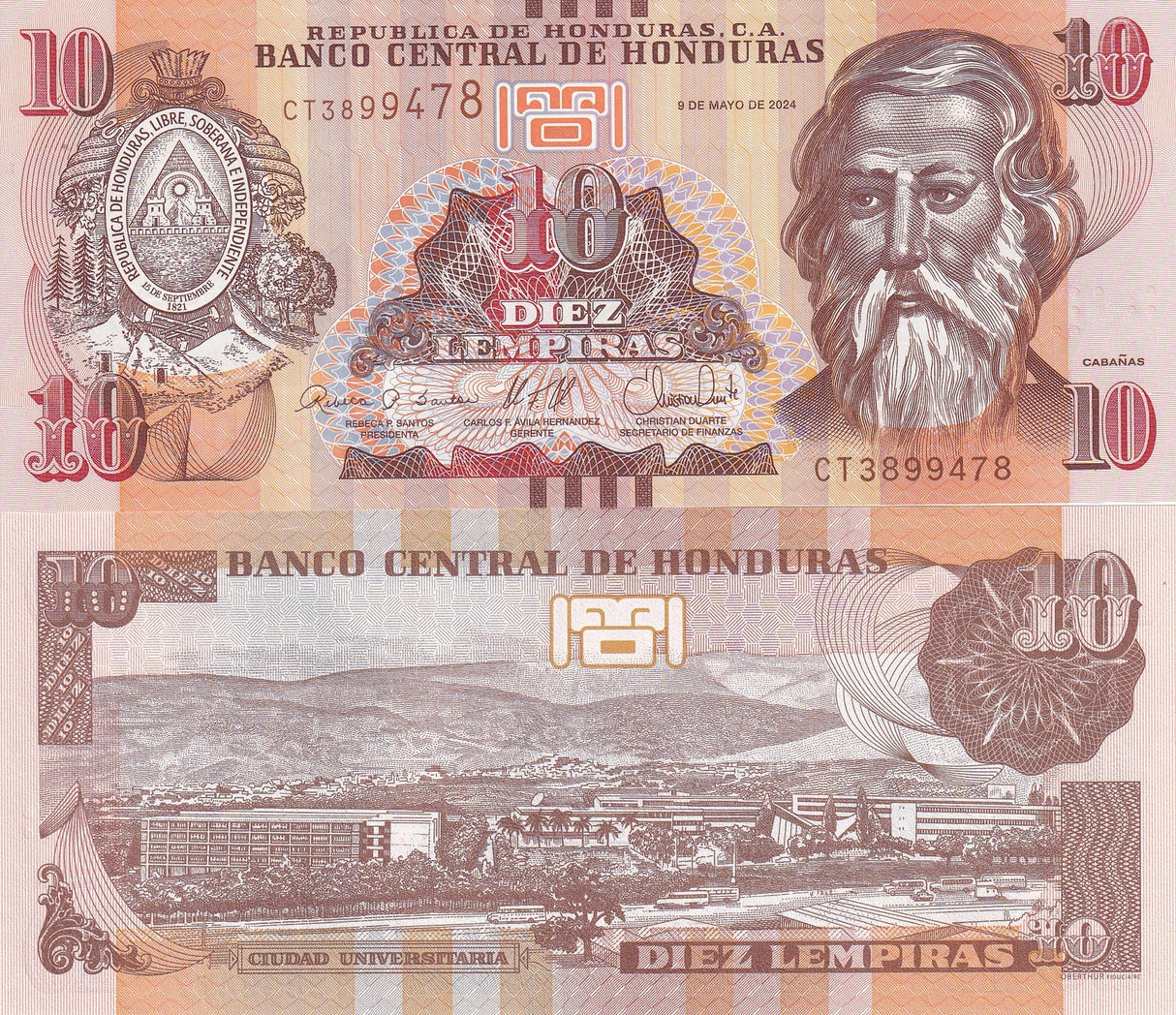 Honduras 10 Lempiras 2024 P 99 Revise Design UNC