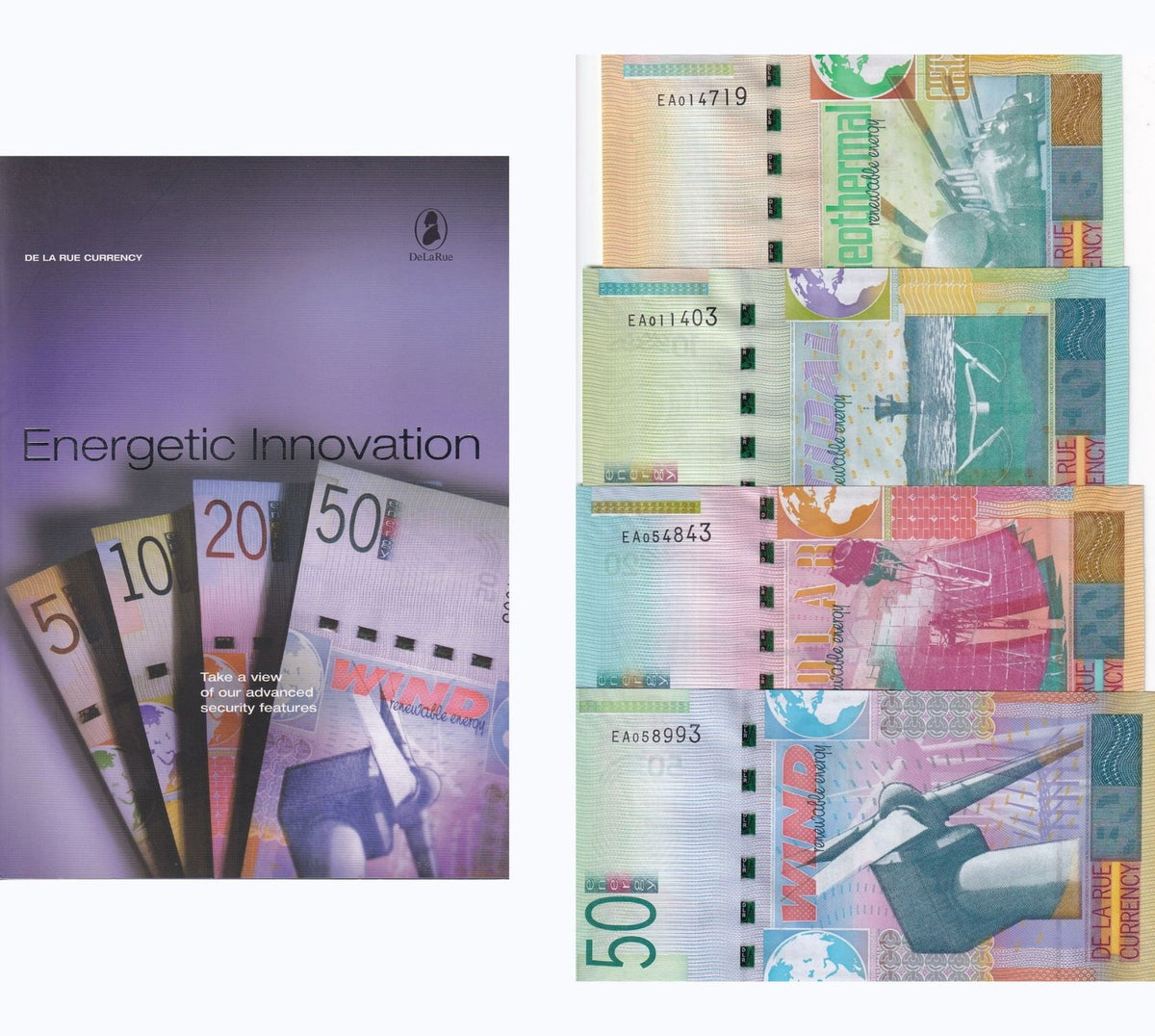 TEST NOTE set 4 UNC 5 10 20 50, Solar Wind,DE LA RUE ,REnewable Energy W folder