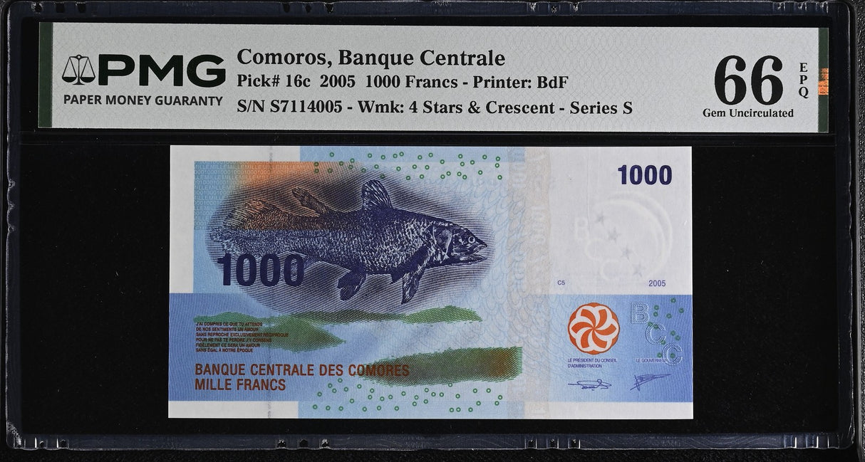 Comoros 1000 Francs 2005 P 16 c Gem UNC PMG 66 EPQ , Coelacanth Canoe