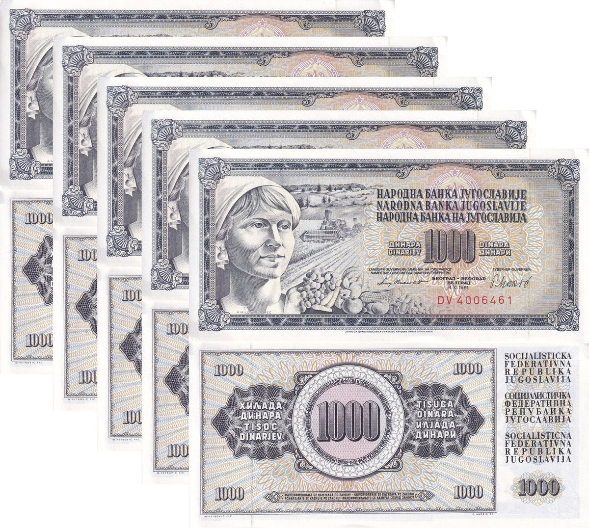 Yugoslavia 1000 Dinara 1981 P 92 UNC LOT 5 PCS , Peasant woman
