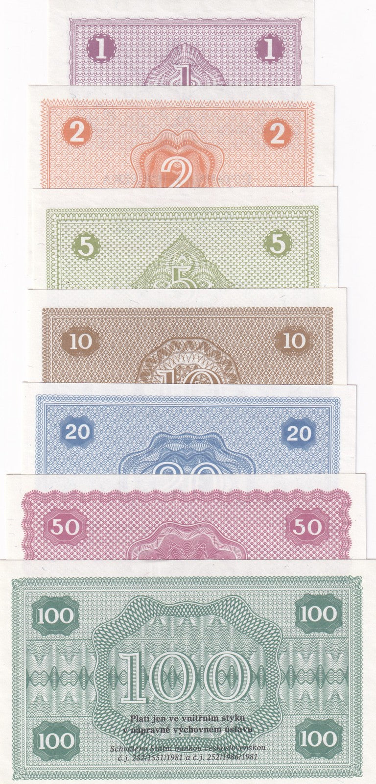 Czechoslovakia Set 7 Korun Prisoner Camp 1-100 Korun 1981 UNC