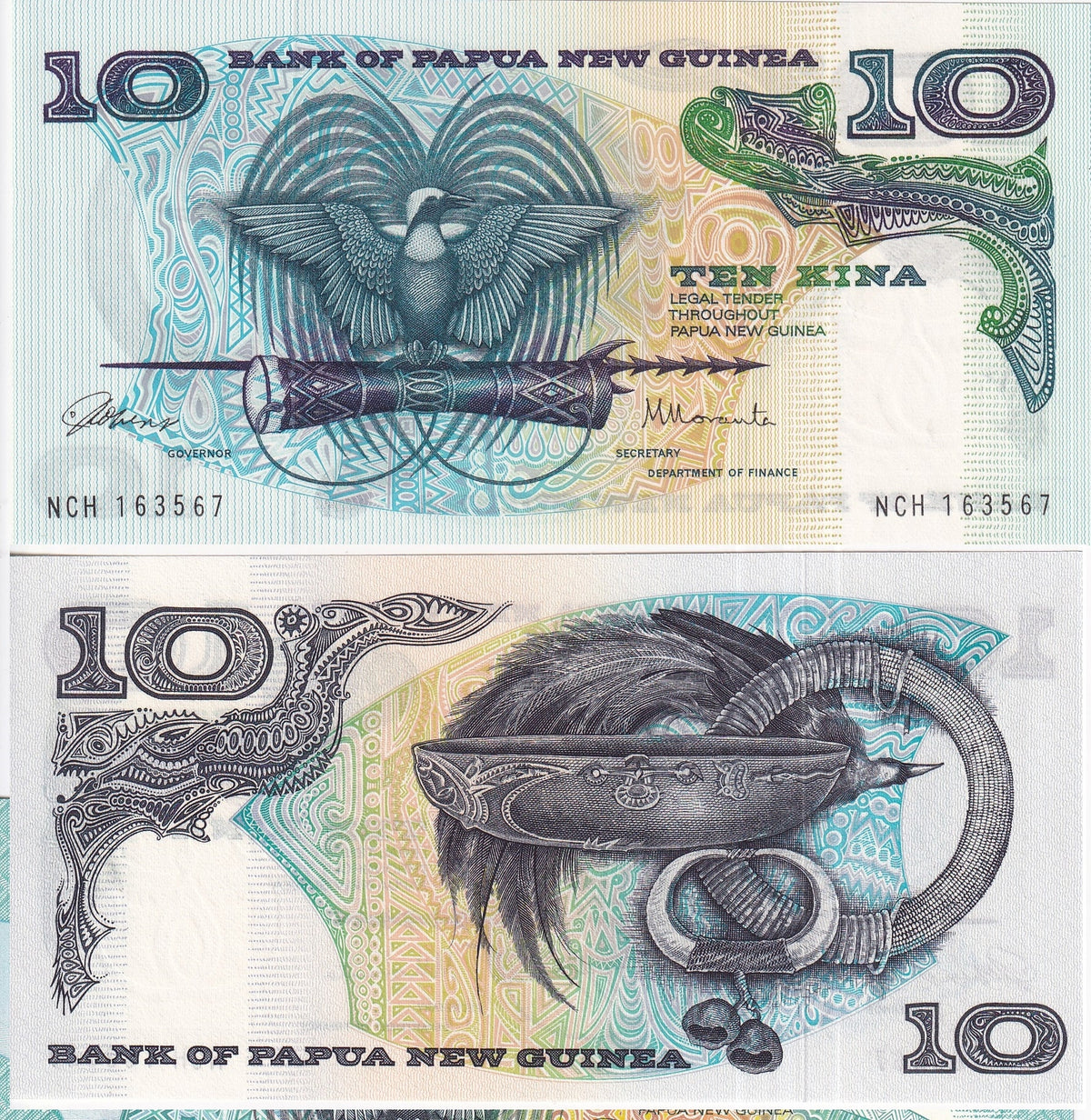 Papua New Guinea 10 Kina ND 1985 P 7 UNC, Bird of Paradise, Bowl, ring, artifact