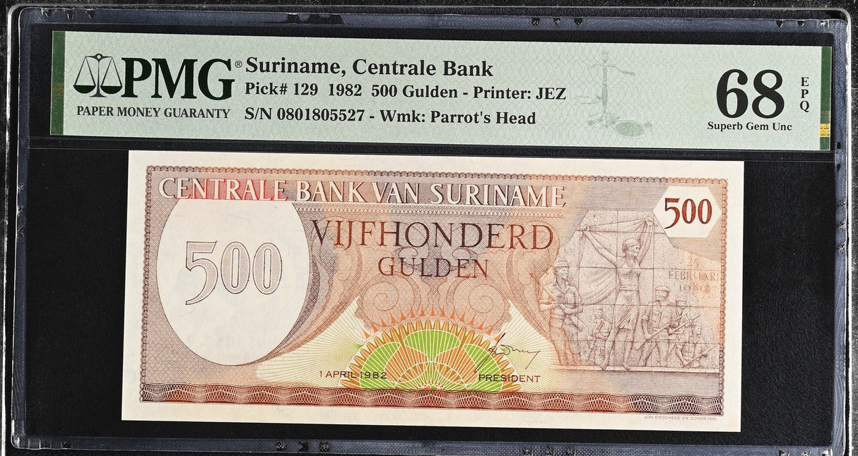 SURINAME 500 GULDEN 1982 P 129 Superb GEM UNC PMG 68 EPQ TOP POP