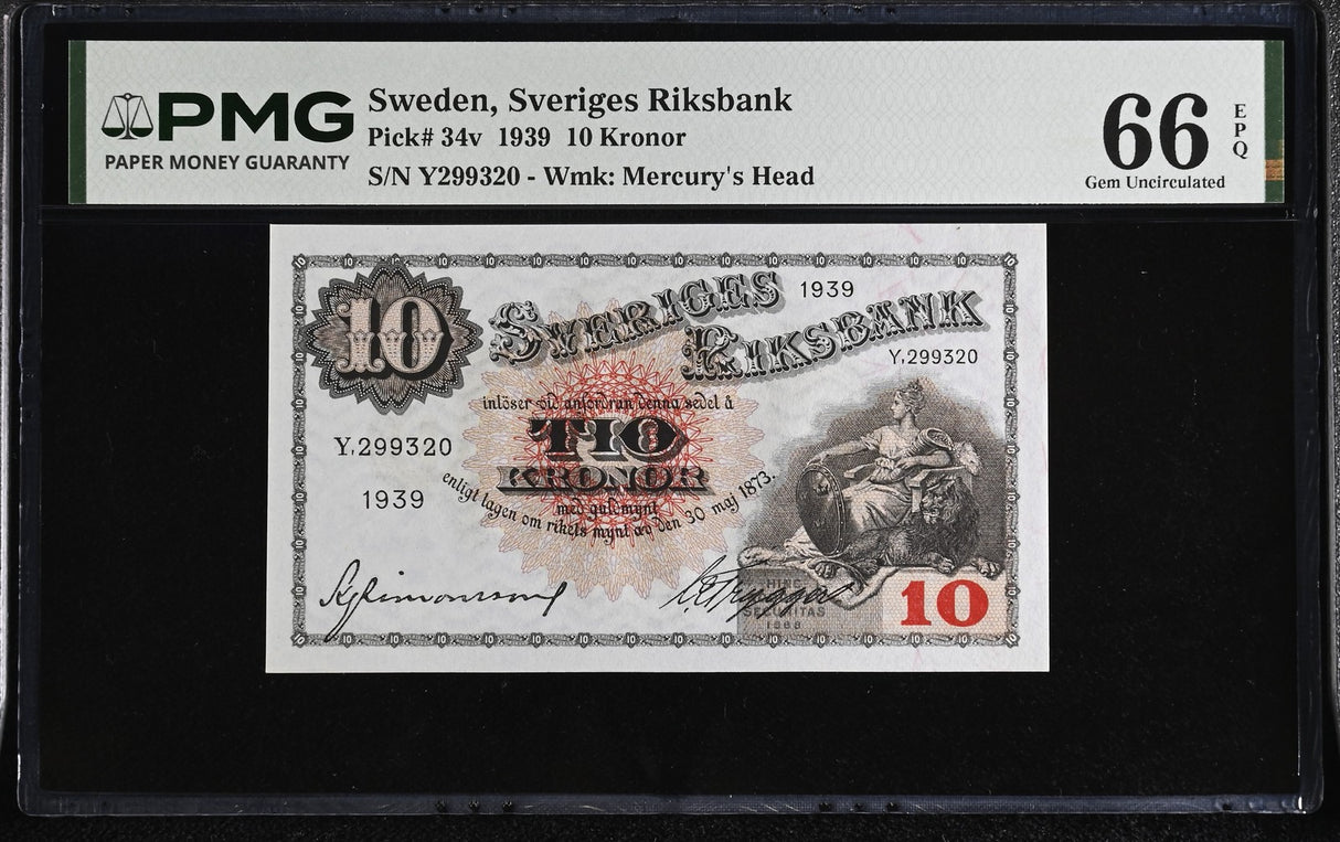 Sweden 10 Kronor 1939 P 34 v Gem UNC PMG 66 EPQ WTM Mercury's Head