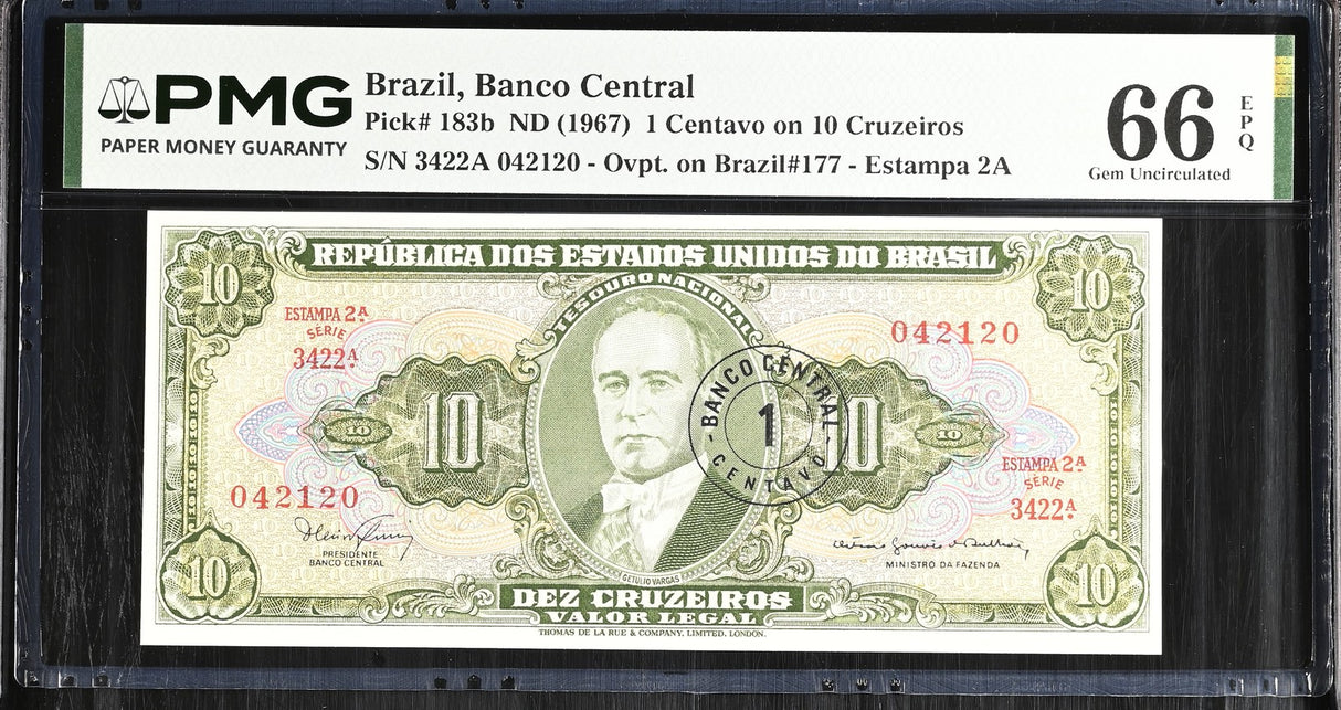 Brazil 1 Centavo on 10 Cruzeiros ND 1967 P 183 b Gem UNC PMG 66 EPQ