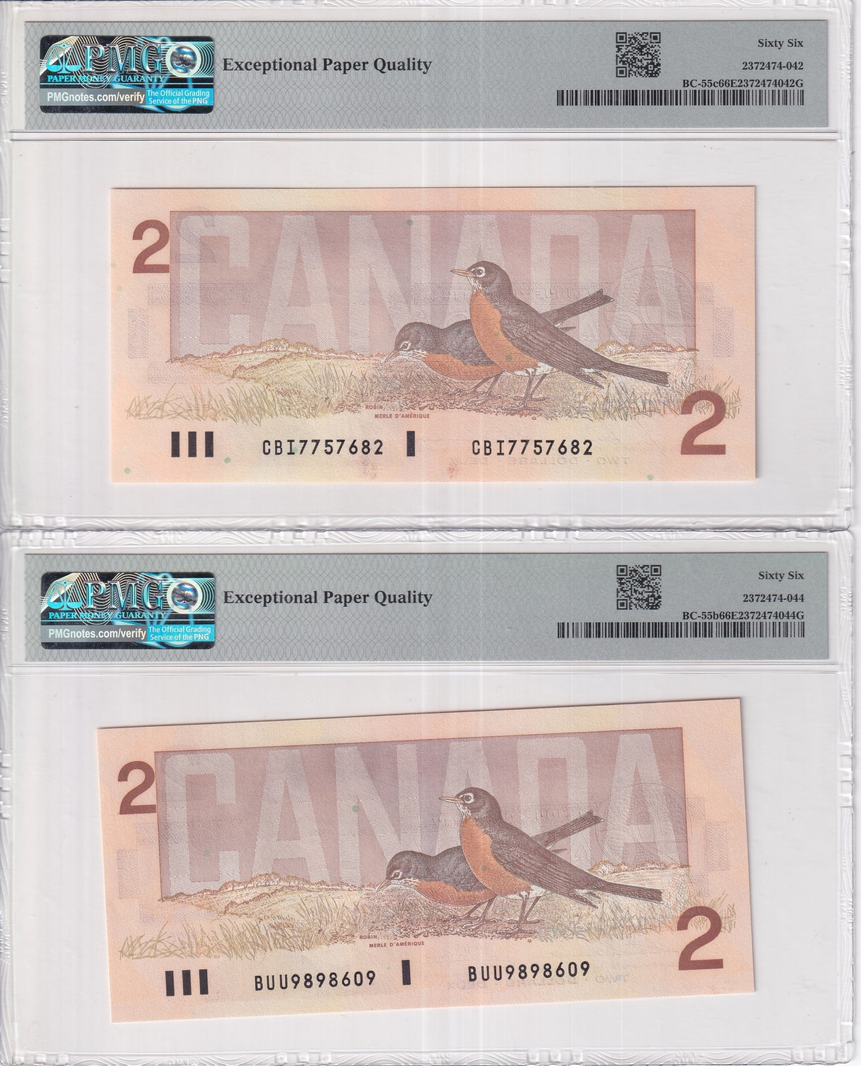Canada Set 2; 2 Dollars 1986 P 94 BC-55b 55c Gem UNC PMG 66 EPQ