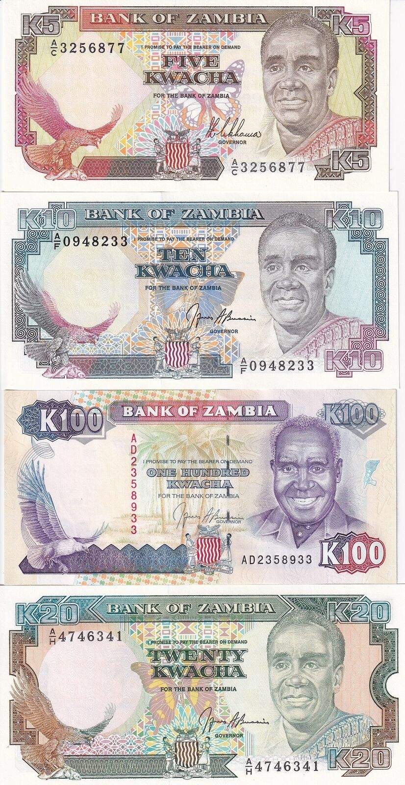 Zambia Set 4 Pcs 5 10 20 100 Kwacha ND 1989-1991 P 30 31 32 34 UNC