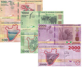 Burundi SET 3 Pcs 500 1000 2000 Francs 2023 P 50 P 51 P 52 New Sign UNC
