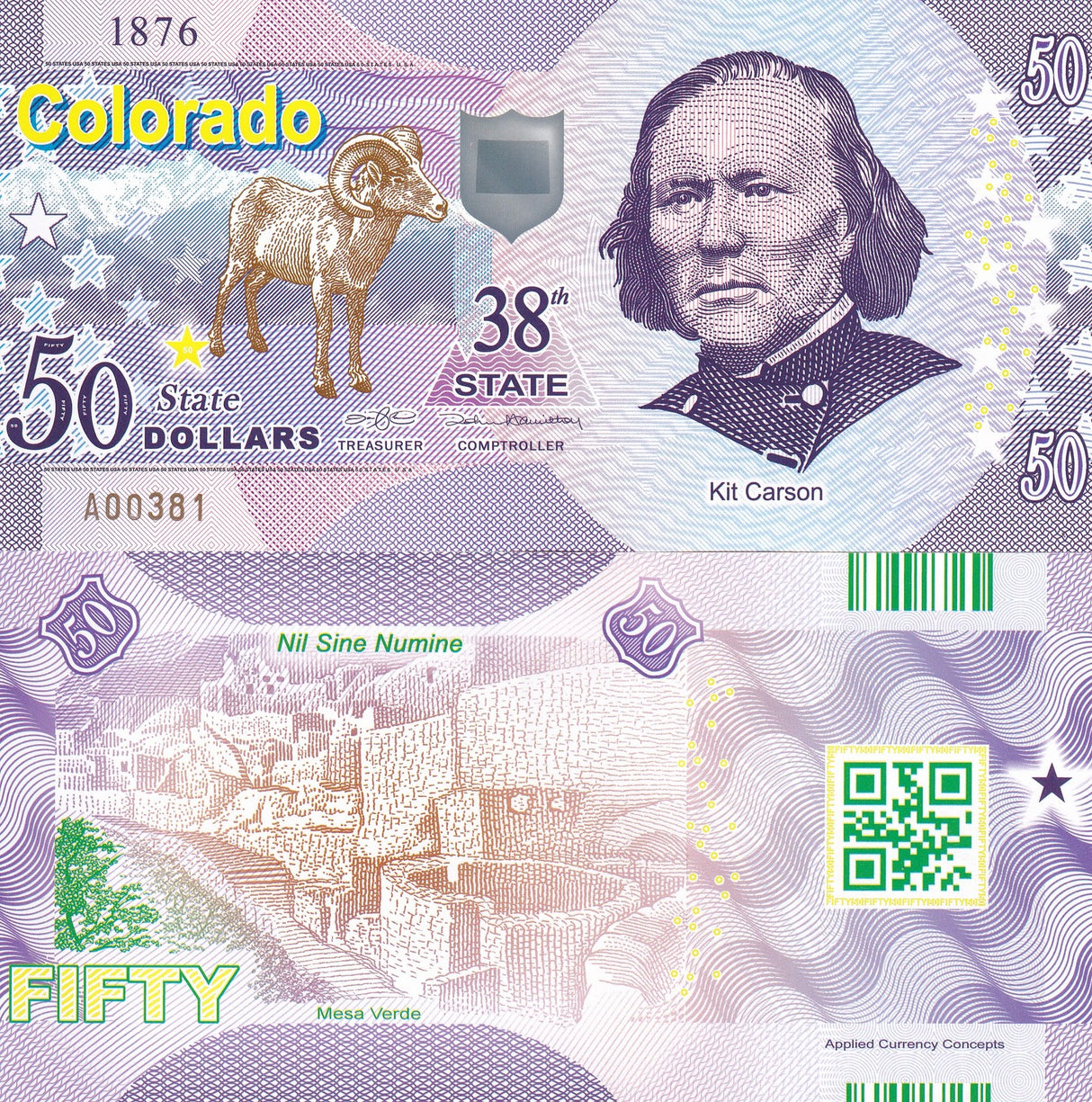 UNITED STATE USA. 50 DOLLARS 2019 POLYMER 38TH STATE Colorado UNC