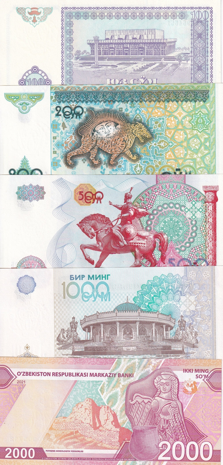 Uzbekistan Set 5 PCS 100 200 500 1000 2000 Som 1994-2021 P 79 80 81 82 87 UNC