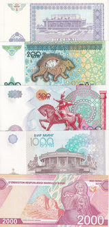 Uzbekistan Set 5 PCS 100 200 500 1000 2000 Som 1994-2021 P 79 80 81 82 87 UNC