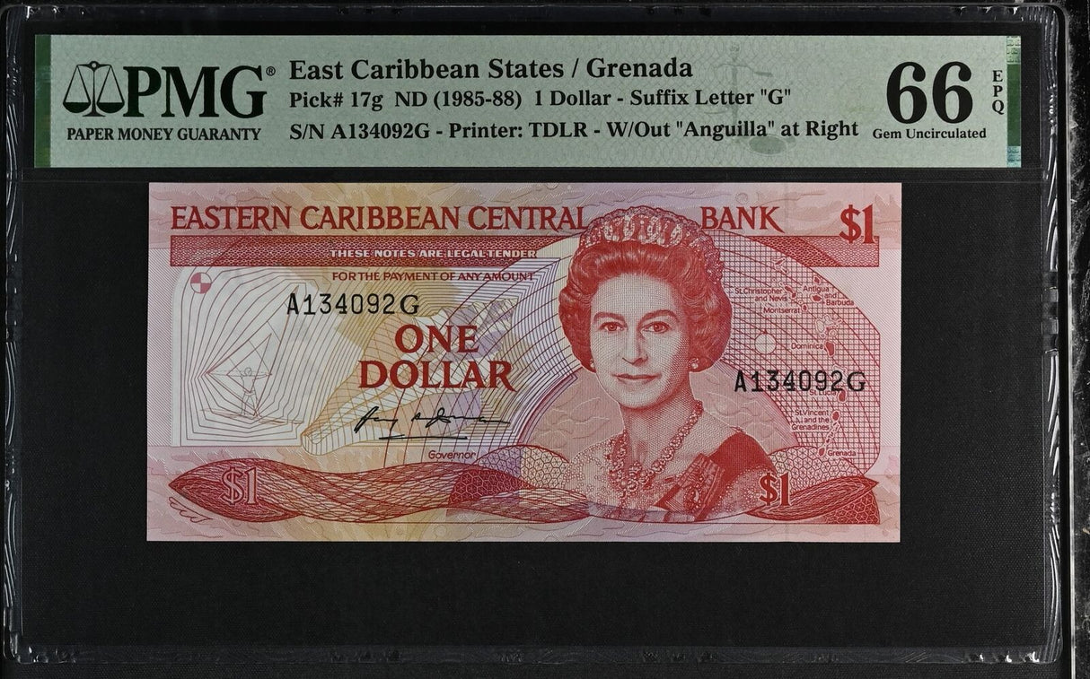 East Caribbean 1 Dollars ND 1985-1988 P 17 g Gem UNC PMG 66 EPQ