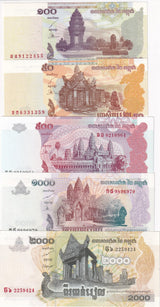 Cambodia Set 5 UNC 50 100 500 1000 2000 Riels Mix Year P 52 53 54 55 58 59