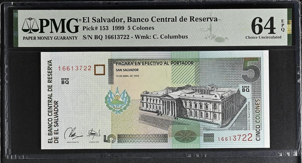 El Salvador 5 Colones 1999 P 153 Choice UNC PMG 64 EPQ