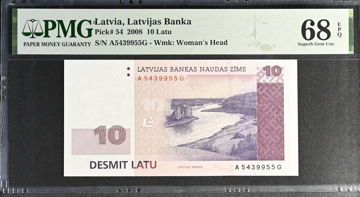 Latvia 10 Latu 2008 P 54 Superb Gem UNC PMG 68 EPQ
