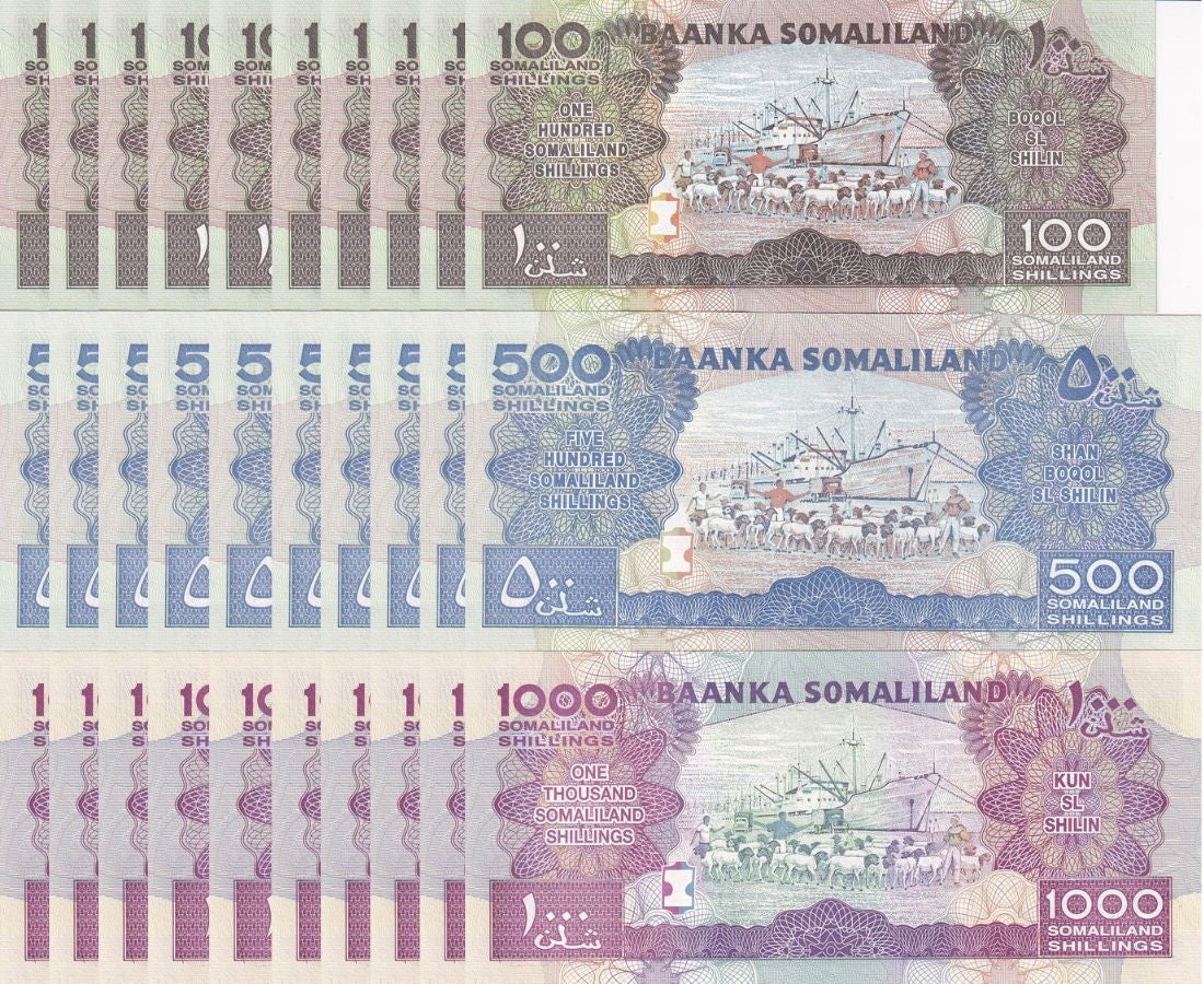 Somaliland SET 3 x Lot 10 = 30 UNC 100 500 1000 Shillings Random Date P 5 6 20